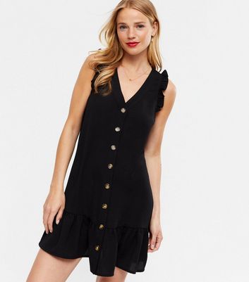 Black Sleeveless Frill Button Up Dress ...
